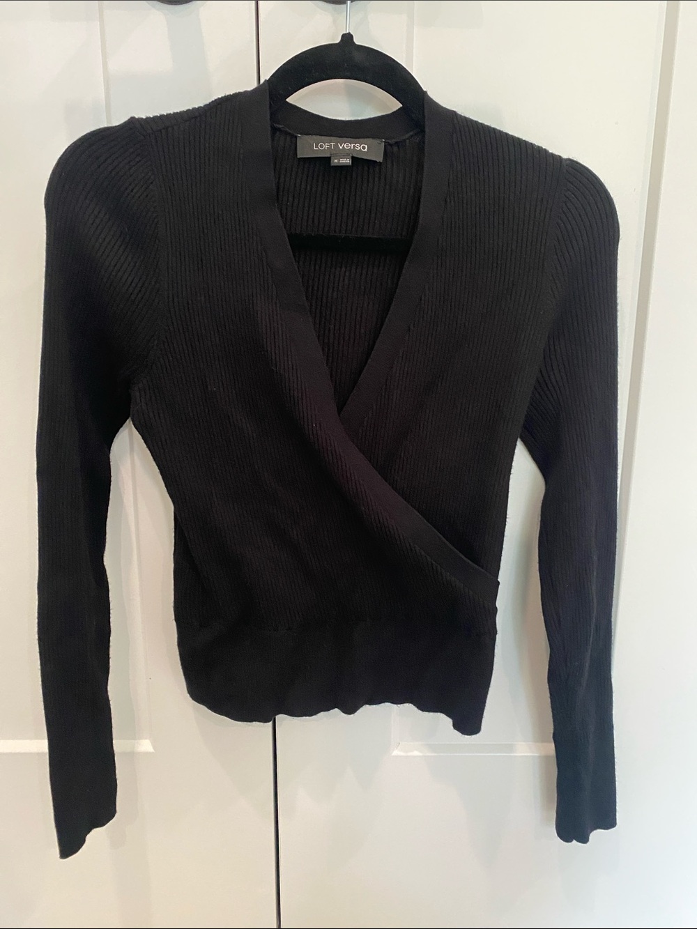 LOFT Black Ribbed Wrap V-Neck Sweater